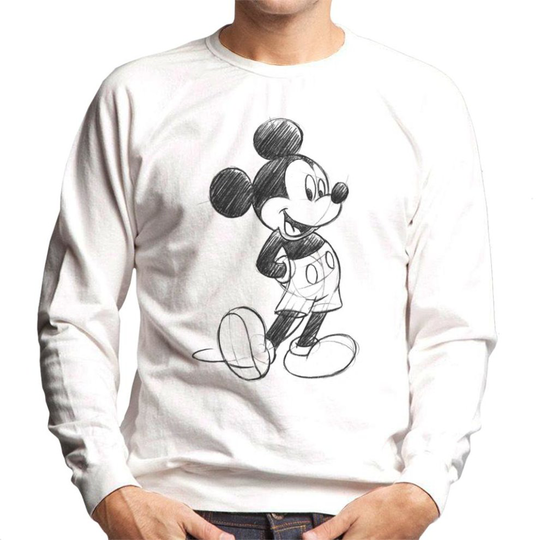(Medium, White) Disney Mickey Mouse Sketch Drawing Men's Sweatshirt