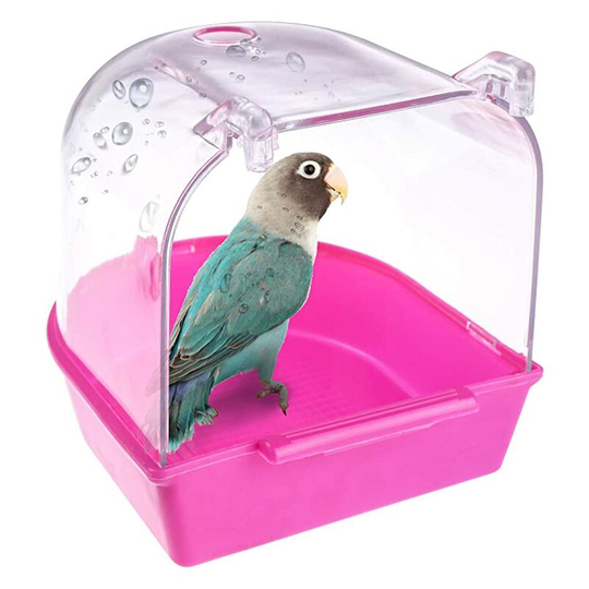 Transparent Hanging Bird Bath, Plastic Shower Cage for Cleaning Parrots and Cuckoo Birds, Pink