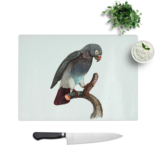 Glass Grey Parrot Perched by F. Levaillant Chopping Board