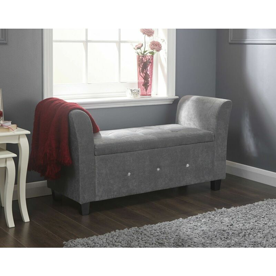 Ottoman Window Seat Diamante Grey Chenille Fabric Toy Bedding Storage Box
