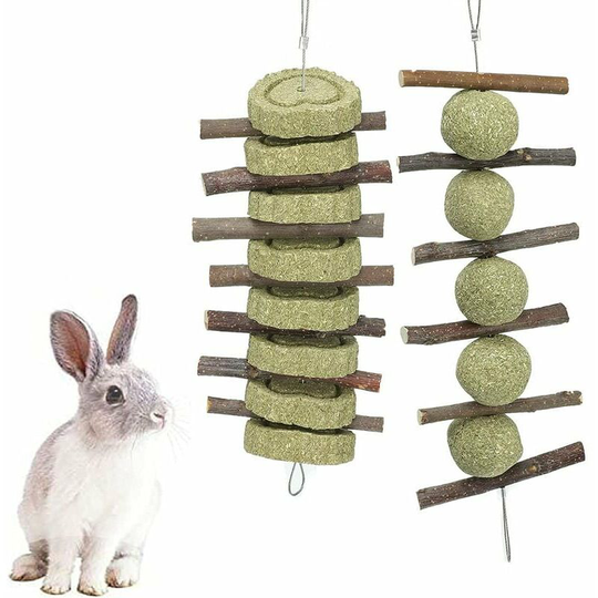 Rabbit Chew Toys, 2 Pieces Rabbit Hamster Chew Toys with Natural Grass Cake Apple Wood Sticks and Grass Ball, Teeth Grinding Toy for Rabbit Hamster