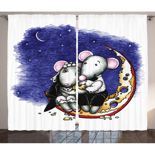 Mouse Couple Sitting on the Cheese Flavoured Moon Bride Groom Valentines Wedding Art 2 Piece Room Darkening Curtain Set