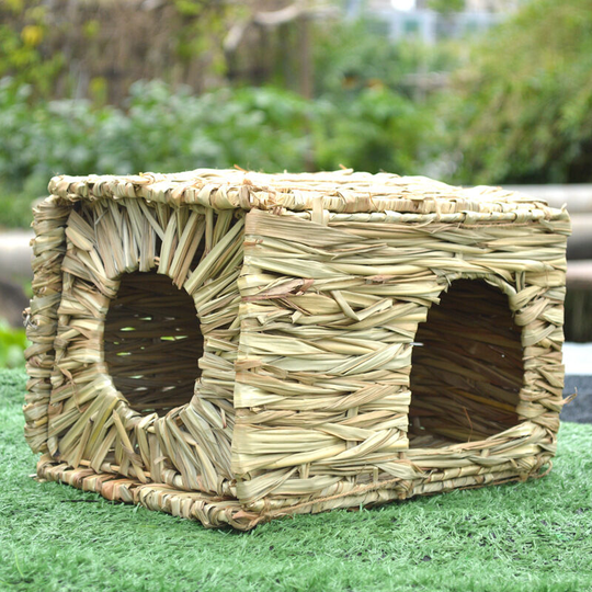 Grande maison d'herbe pour cochon d'Inde, maison d'herbe tissée à la main pliable pour petit animal avec double ouverture pour lapin, cochon d'Inde