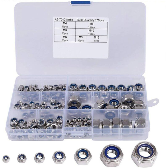 Hex Nut, 170 Pieces Nylon Lock Nut Assortment Kit, Stainless Steel Hex Lock Nuts, 304 and Nylon Dimensions: M3, M4, M5, M6, M8, M10, M12