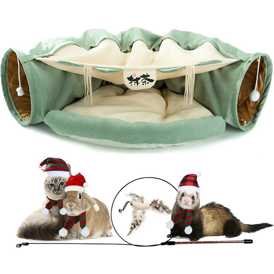 Cat Tunnel Bed, 2-in-1 Collapsible Cat Tunnel Tubes Toys with Removable Mat for Pet Cats Kittens Puppies Rabbits Bunnies Ferrets