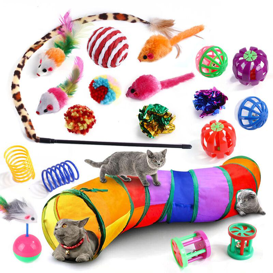 Cat Toys with Large Tunnel, 20 Pieces Cat Toys, Interactive Cat Games with Cat Tunnel, Feathers, Balls, Cat Mouse and Balls, Accessory