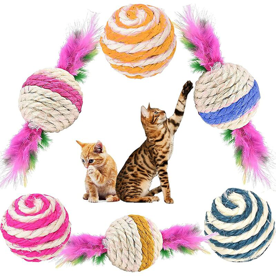 6 Pieces Pet Sisal Ball, Sisal Ball Toy, Interactive Cat Sisal Ball, Toy Chew Balls with Feather for Cats Chew and Play