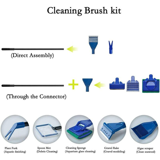 Litzee - Aquarium Cleaning Kit with Algae Cleaners, Aquarium Sponge, Gravel Rake, Fish Net, Plant Fork 5 in 1 Aquarium Cleaning