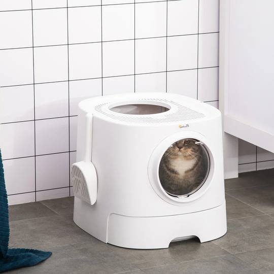 Cat Litter Box Portable Pet Toilet Fully Enclosed Kitten Pan W/ Scoop, White