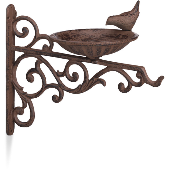 Cast Iron Bird Bath, Wall-Mount, Weatherproof, Stainless, Wild Bird Feeder, Garden Decor, HxWxD 24 x 28 x 14cm, Brown - Relaxdays