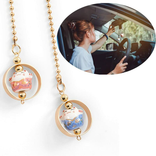 Cute Lucky Cat Car Rearview Mirror Decorations Car Hanging Ornament, Pink + Blue Fortune Cat