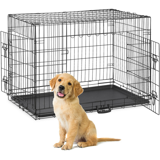 Foldable Dog Crate, Travelling with Pets or for Indoors, Plastic Tray, 2 Doors, hwd: 77 x 106 x 68.5cm, Metal - Relaxdays