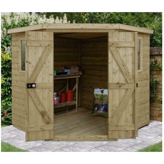 Premium Tongue and Groove Pressure Treated 7x7 Corner Shed - Forest