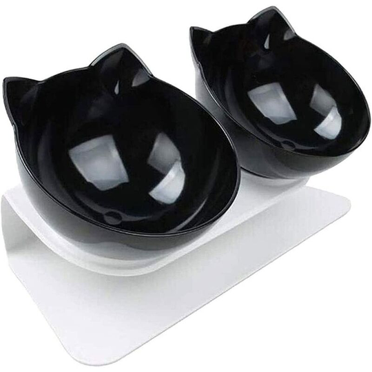 2PCS Cat Bowl Cat Food Bowl Cat Water Bowl Pet Dog Food Chamber 15 Degree Inclined Platform Double Adjustable Non Spill Black