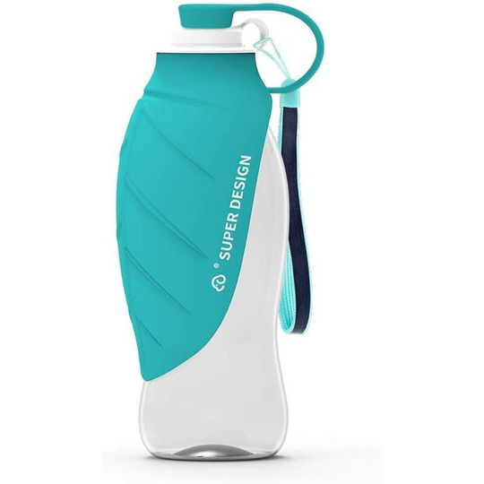 Portable Dog Water Bottle, Lid Usable as Bowl, Outdoor Silicone Water Bottle 580ML (Blue)