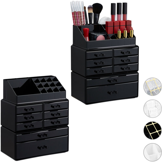 Relaxdays - Set of 2 Makeup Organizers with Drawers, Stacking Makeup and Jewellery Box, Acrylic Cosmetic Kit, Black