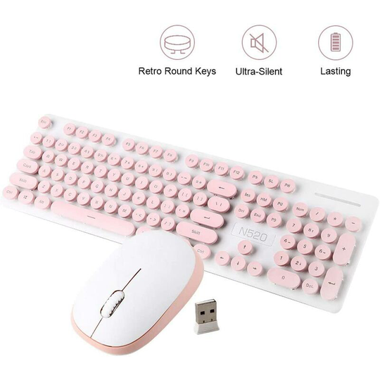 Briday - Wireless Keyboard and Mouse Combo,N520 2.4GHz Retro Wireless Keyboard and Mouse Sets,Cute Lovely Round Key Full-Size,Mechanical Feel,Smart