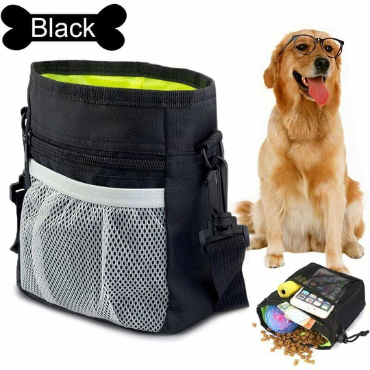 Dog food bag, dog food bag, portable adjustable bag shoulder strap, with portable bag dispenser, for carrying toys and candy (black)