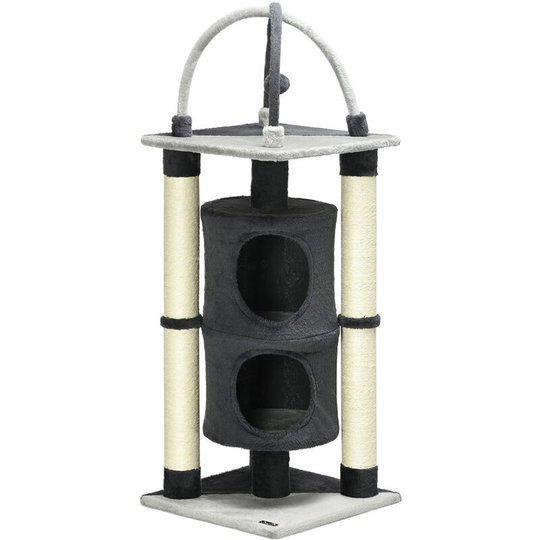 Cat Tree for Indoor Cats w/ Scratching Posts, Hammock, Toy Ball - Grey - Dark Grey - Pawhut