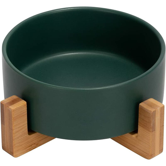 Ceramic Bowl with Bamboo Stand for Cat and Dog Green