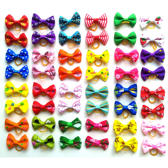 Readcly - 60Pcs Cute Puppy Dog Small Bow Tie Hair Bows With Rubber Bands Handmade Hair Accessories Bow Pet Grooming (Random Color)