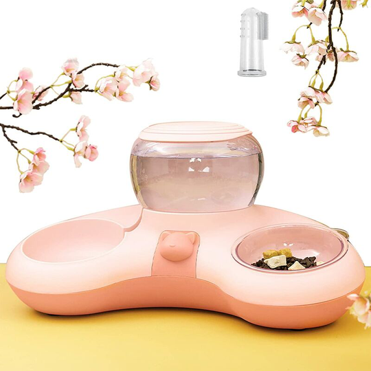 Qersta - Cat Bowl with Water Dispenser, Double Bowl Cat Bowl, Crescent Cat Bowl, Large Capacity Automatic Water Cat Bowl, with Free Toothbrush (Pink)