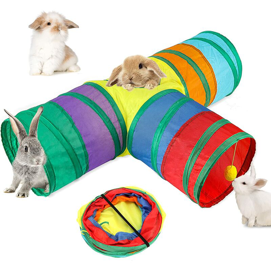 Deckon - Rabbit tunnel and 3-way collapsible pipe rabbit hideout small animal activity tunnel toy suitable for dwarf rabbit bunny guinea pig kitten
