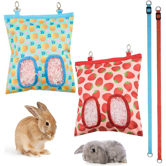2 Pack Hanging Hay Feeder Bags with 2 Holes for Rabbit, Hamster, Chinchilla, Guinea Pig, Strawberry and Pineapple