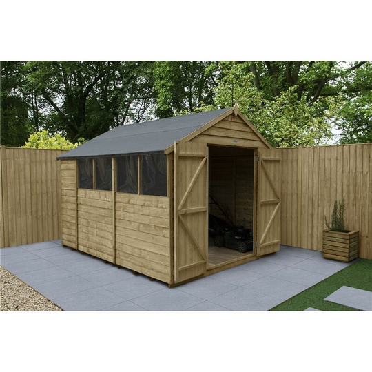 Installed 10ft x 8ft Pressure Treated Overlap Apex Wooden Garden Shed - Double Doors - 4 Windows (3.1m x 2.5m) - Modular - includes installation