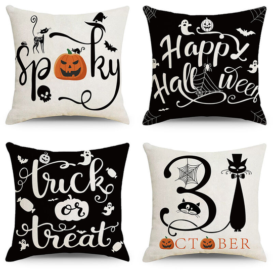 Set of 4 Decorative Halloween 18 x 18 Inches Throw Pillow Covers - Trick or Treat Pumpkin Linen Square Pillow Cushion Case for Sofa Couch Bed Home