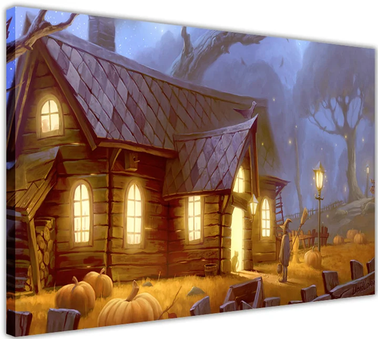 Halloween Decoration Kids Trick or Treat at a Creepy House Painting Print on Wrapped Canvas