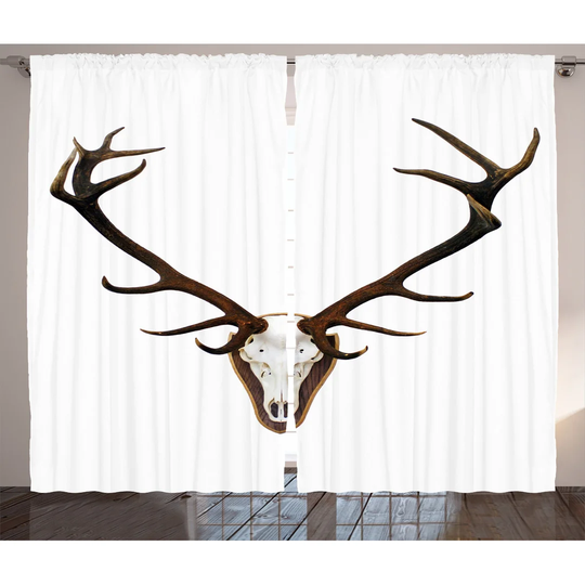 Antlers of a Huge Stag Bones Mounted on a Wooden Plate 2 Piece Room Darkening Curtain Set