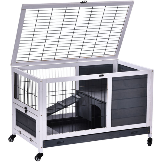 Pawhut - Wood Indoor Rabbit Hutch Elevated 2-Floor Guineas Pigs Cage w/ Wheels - Grey