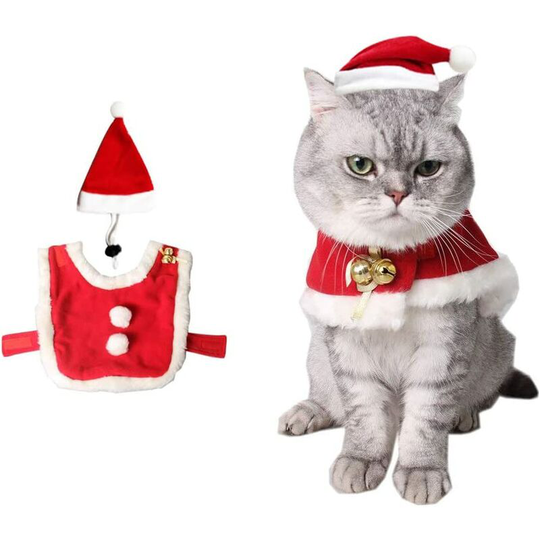 Christmas Cat Costume, Pet Santa Claus Cape with Bells, Cute Christmas Hat, Sweet Dog & Kitten Gift Set (s)