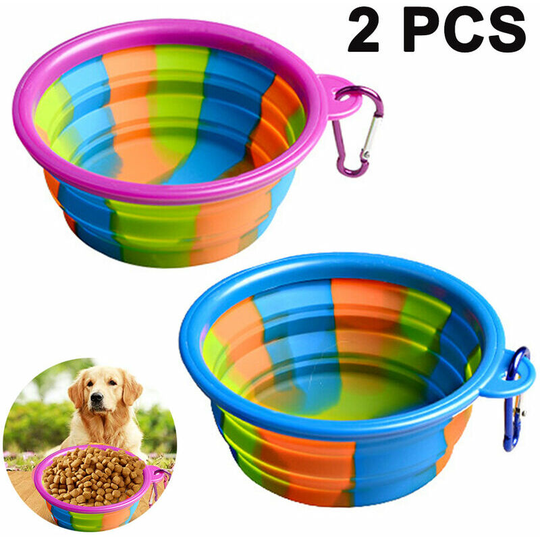Collapsible Dog Bowls, 2 Pack Portable Collapsible Water Bowls with Carabiner for Travel Feeding Cats, Blue+Purple