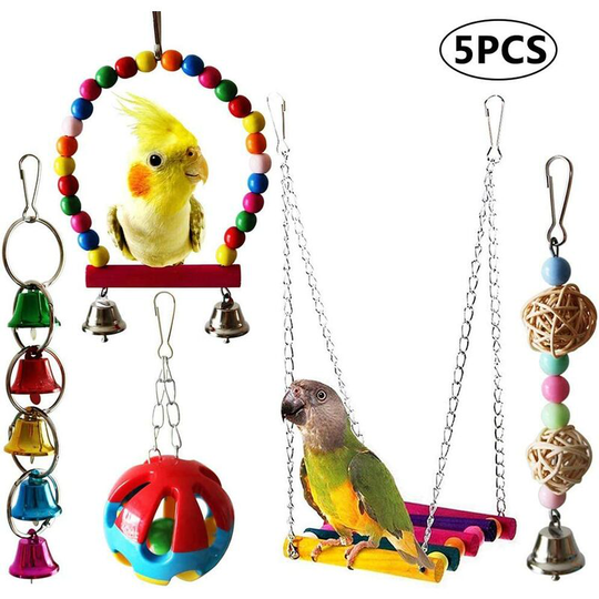 Perle Raregb - Set of 5 Parrot Toy Bird Bird Chew Toy Branch, Colorful Bird Toy Swing, Bridge Scale, Hanging Bell Toy, Bird Chew Toy