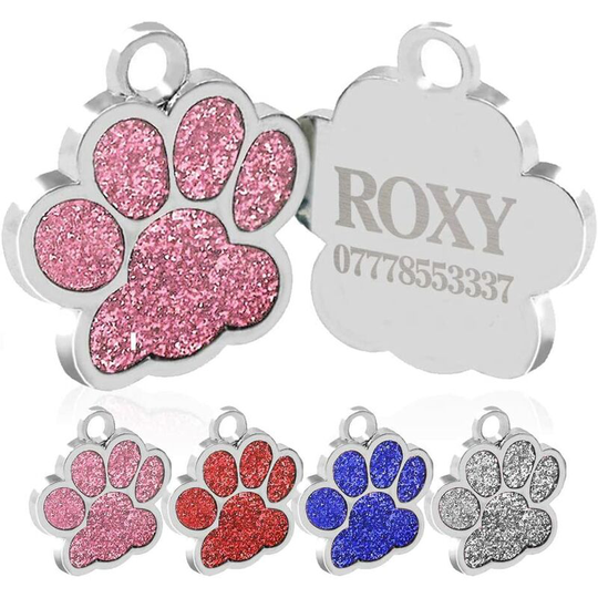 Betterlifegb - personalised Engraved Dog Tag Cat id Tags Zinc Alloy 25mm Glitter Bling Paw Print Tag id Tags Pretty Gift (4 pieces)