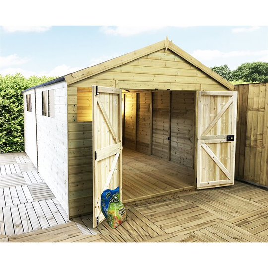 30 x 15 Premier Pressure Treated t&g Apex Shed / Workshop With Higher Eaves And Ridge Height 6 Windows And Double Doors (12mm t&g Walls, Floor &