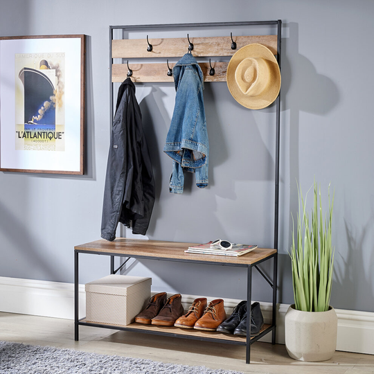 Hallway Coat Rack Storage Bench Open Shoe Storage Shelf Oak Finish