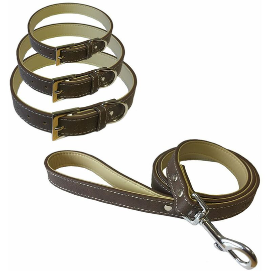 Dog Puppy Pet Soft Leather Style Brown Strong Collar and Lead with Clip - Large - Bunty