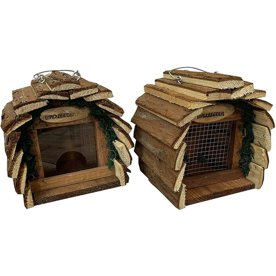 Hanging Wooden Barkwood Seed & Nut Bird Feeder Set