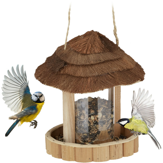 Bird Feeder, Feeding Station, Hang or Place on Surface, h x d: 20 x 18 cm, Wood, Plastic, Natural - Relaxdays