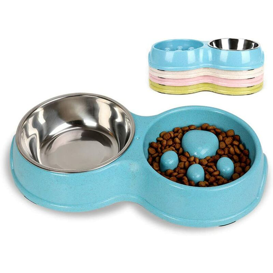 Double Pet Dog Slow Feeder Bowl,Stainless Steel Anti-Choke Puppy Food and Water Feeder for Dogs Cats (Blue)