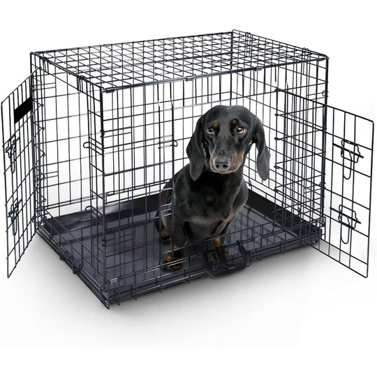 Briefness - Dog Cage Crate �c Pet Black Metal Folding Cage with 2 Doors (Front & Side) with Chew Resistant Plastic Base Tray and Carrier Handle �c