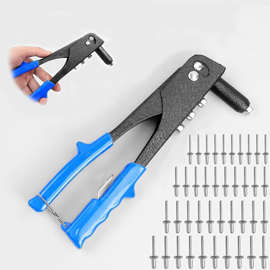 Easy to carry and use rivet pliers, manual riveter, riveter, rivet nut, steel handle, 40 metal rivets, labor saving, 4 replaceable nozzles