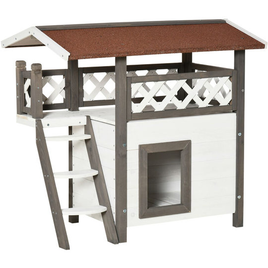 PawHut Cat House Outdoor Kitten Shelter Puppy Kennel w/ Balcony Stairs Roof - White