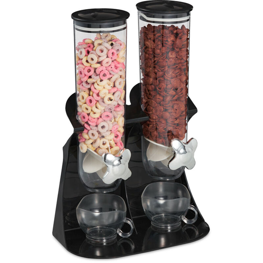 Double cereal dispenser, container for cornflakes, nut spender, breakfast bar accessory, plastic, black - Relaxdays