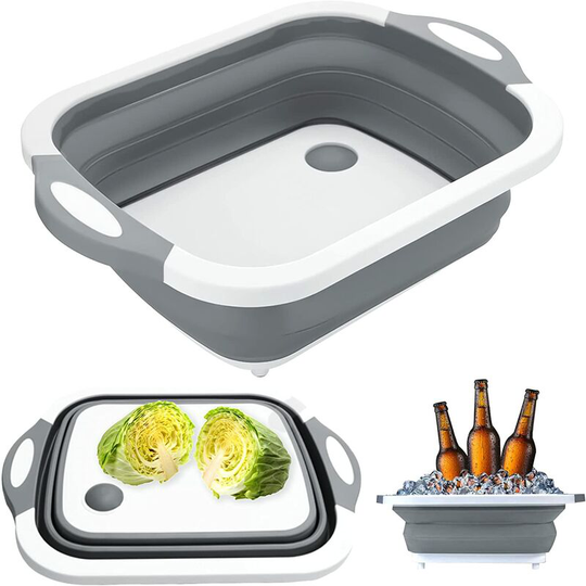 3 in 1 Foldable Cutting Board, Multifunctional Drain Basket with Drain Plug for Kitchen and Camping Portable Storage Basket (Grey)