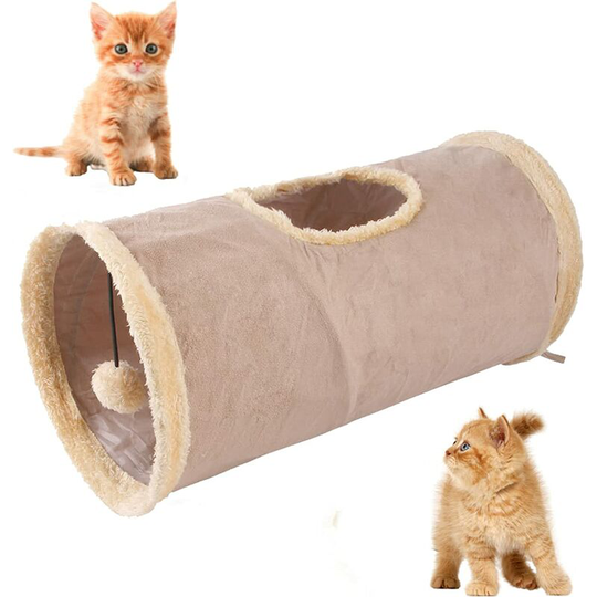 Suede Cat Tunnel Toy, Lightweight Collapsible Cat Tunnel with Caves, 50x30cm, for Cats Kittens Rabbits Guinea Pigs (Khaki)