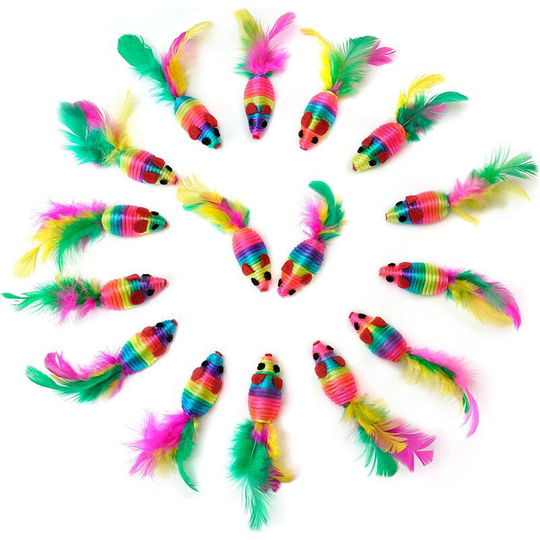 25pcs Cat Toy Feathered Mouse Rainbow Color Rattle Mouse Kitten Toys Interactive Games Random Colors